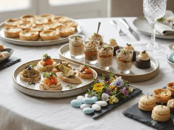 Buffet de canapés et verrines dressé sur nappe blanche, So Good Traiteur à Ségny